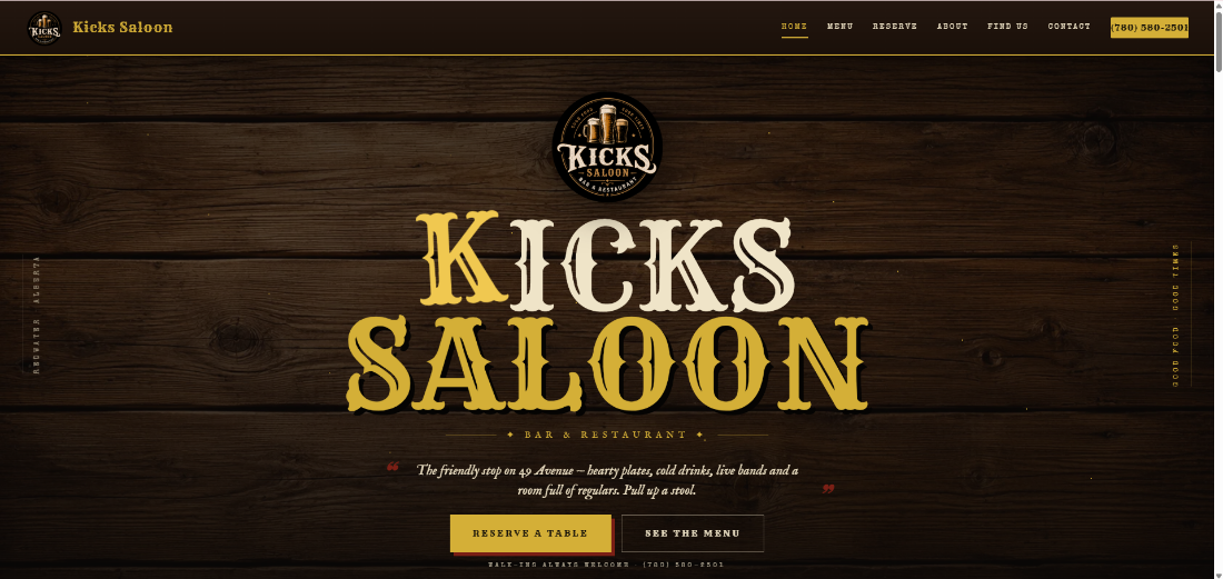 Kicks Saloon home page — bar and restaurant in Redwater, Alberta