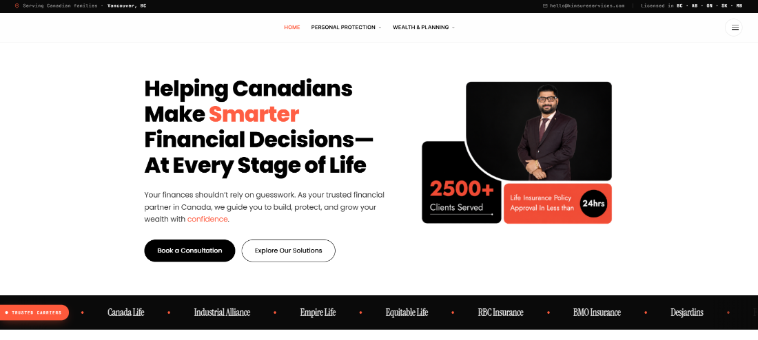 Kinsurance home page, an insurance quote capture site